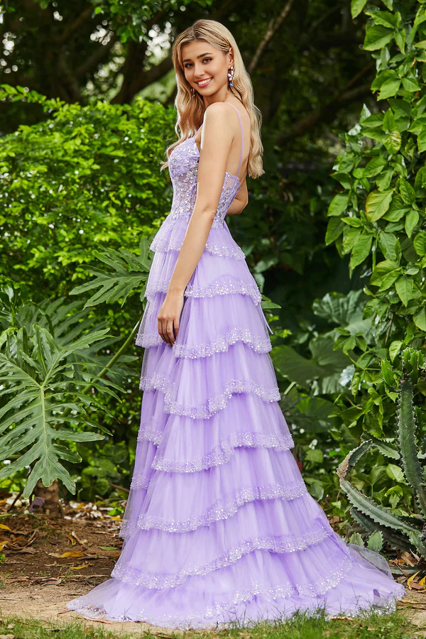 Aimishang Fashion Prom Dresses Spaghetti Straps Ruffles Tiered Gown Evening Dress With Slit