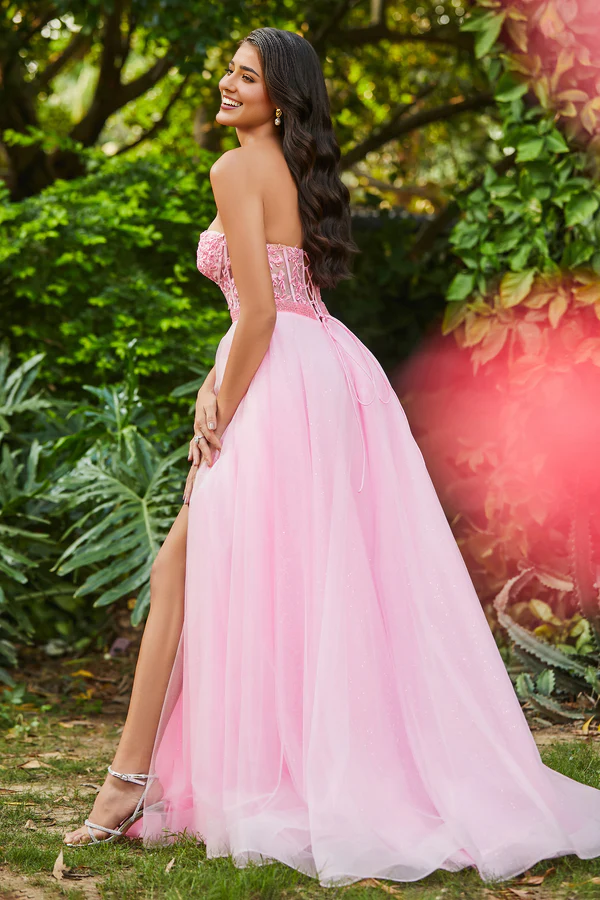 Aimishang Elegant Evening Dress Slit Sweetheart Corset Top Beaded Applique Tulle Dress