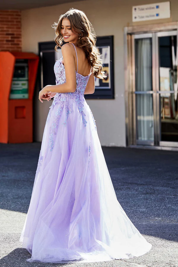 Aimishang Sweetheart Prom Dresses Spaghetti Straps Applique A-Line Evening Dress Tulle Floor-Length Dress