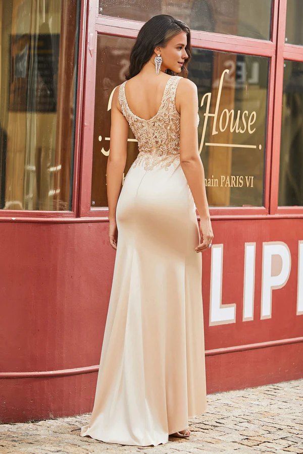 Aimishang Fashion Prom Dresses Square Neckline Applique Evening Dress Sheath Gown With Slit