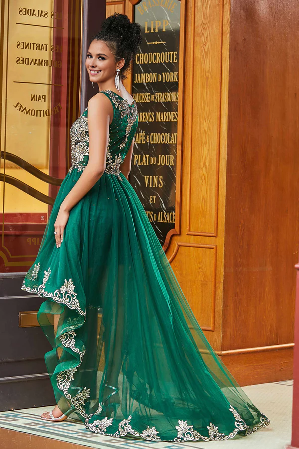 Aimishang Fashion Dark-Green Evening Dress Asymmetrical Rhinestone Applique A-Line Prom Dresses Tulle Dress