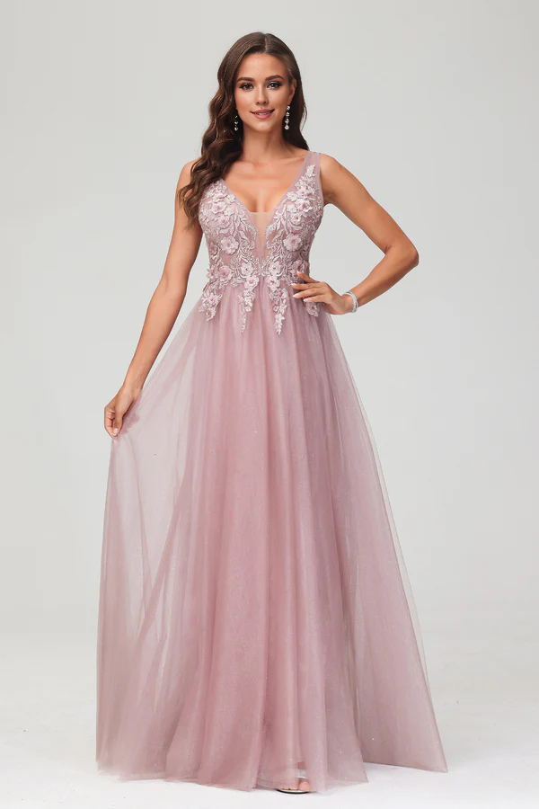 Aimishang A Line Prom Dresses Applique V Neck Evening Dress Beaded Tulle Floor Length Dress