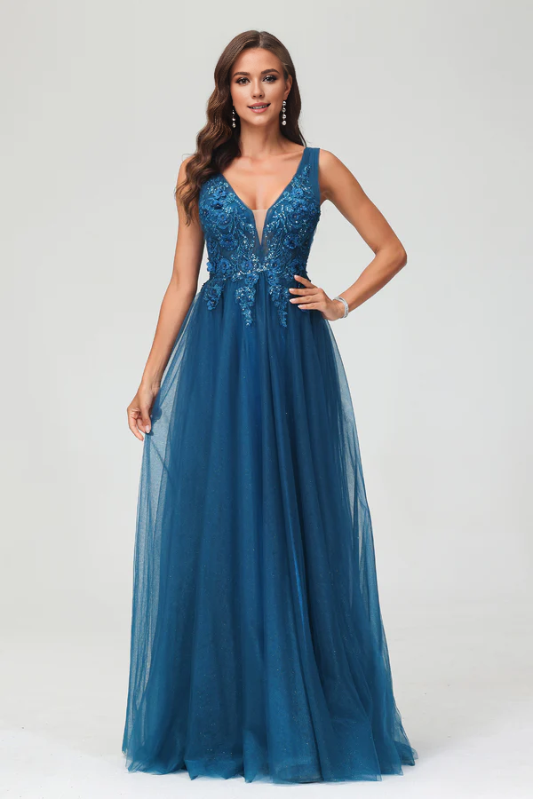 Aimishang A Line Prom Dresses Applique V Neck Evening Dress Beaded Tulle Floor Length Dress