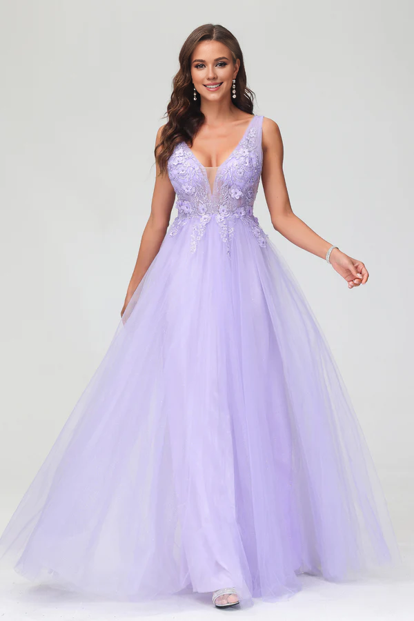 Aimishang A Line Prom Dresses Applique V Neck Evening Dress Beaded Tulle Floor Length Dress