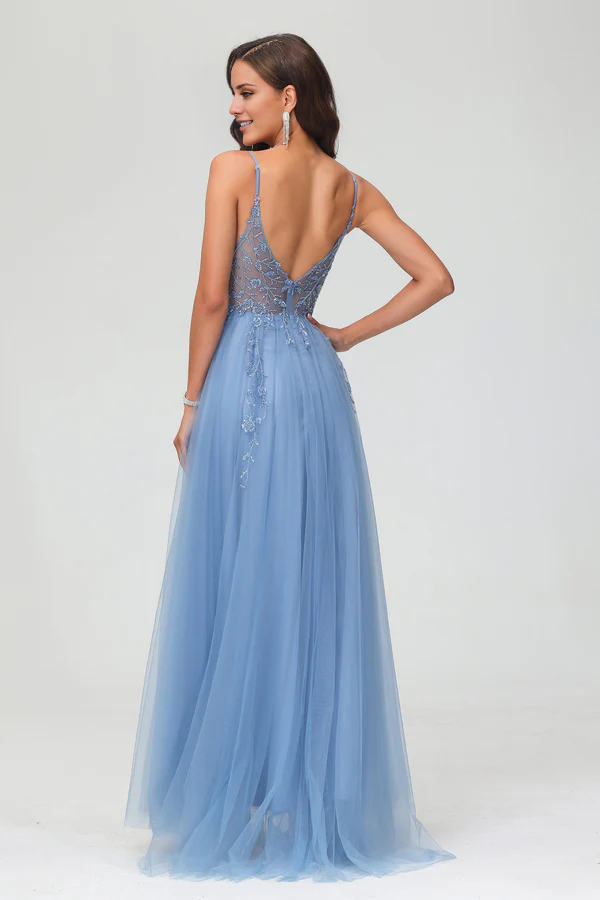 Aimishang Fashion Prom Dresses Spaghetti Straps A-Line Tulle Sweep Train Dress With Slit Evening Dress