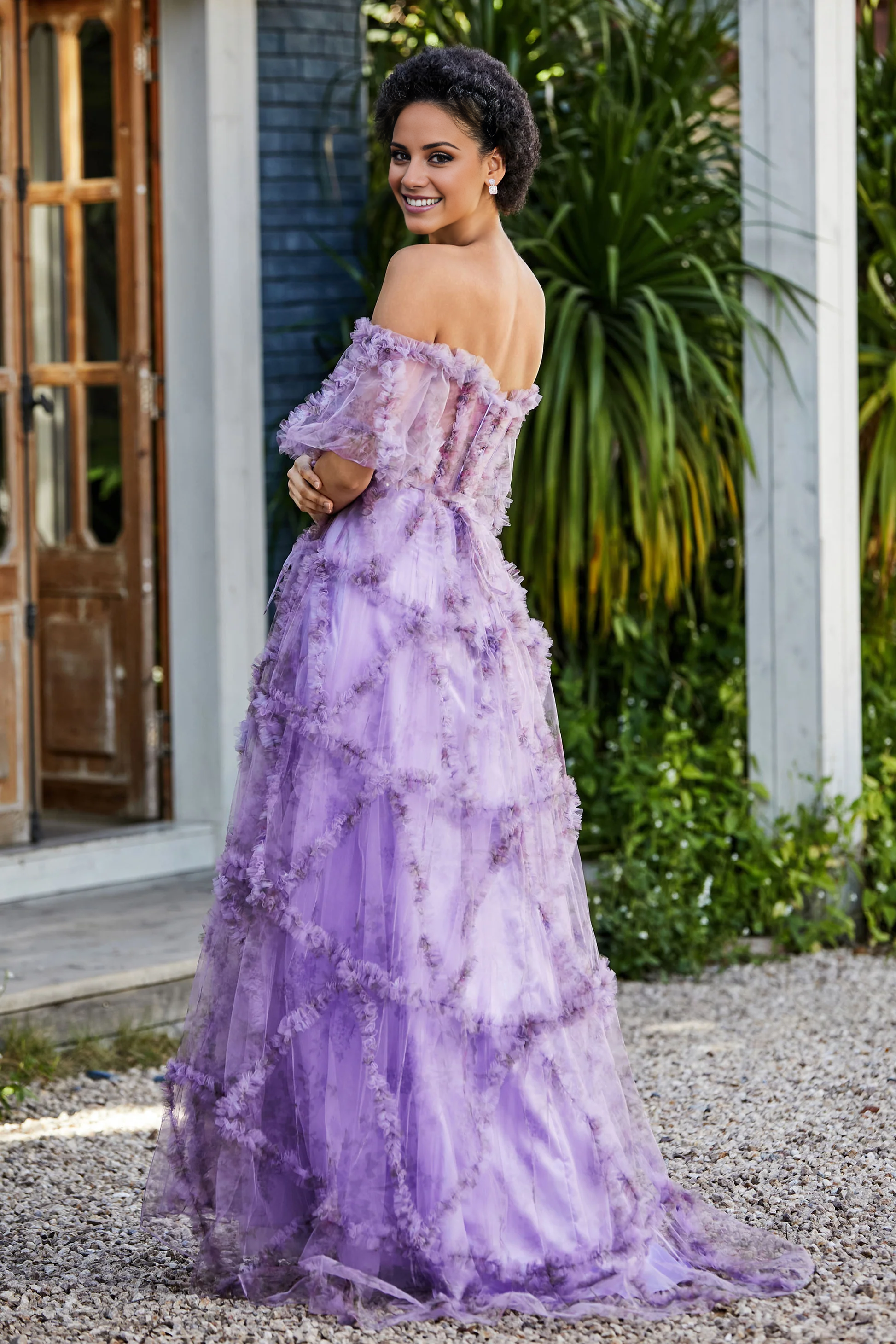 Aimishang Elegant Prom Dresses Open Back Ruffle Ruched Tulle Gown Evening Dress