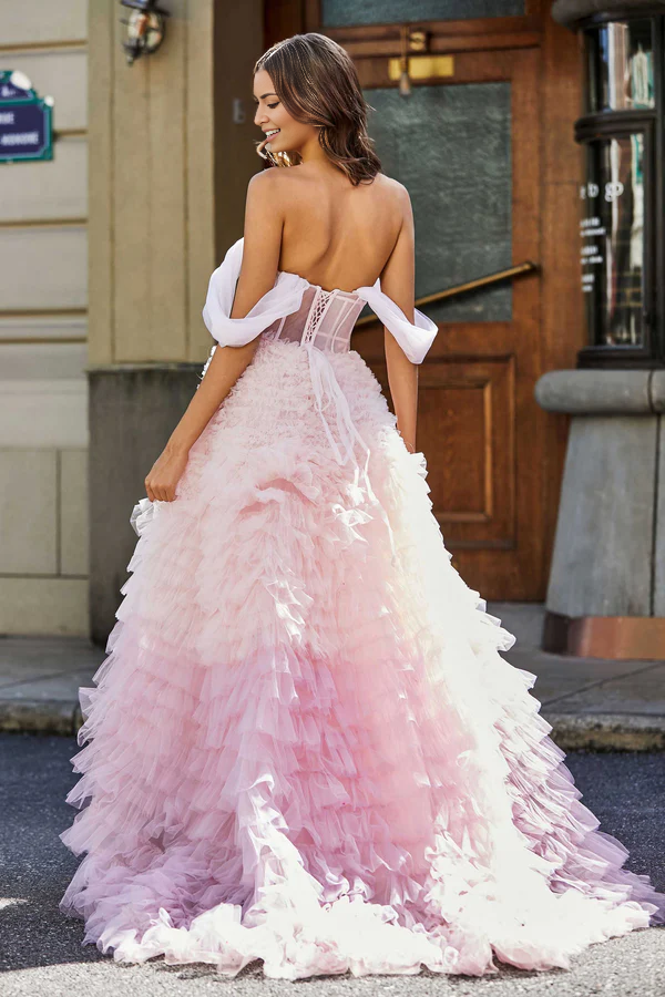 Aimishang Elegant Prom Dresses Lace Up Back Ruffle Tiered Tulle Gown Evening Dress