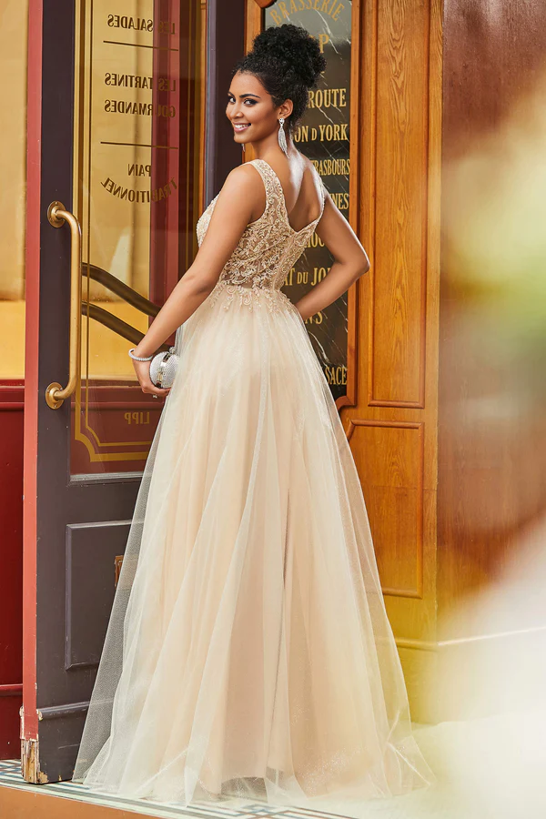 Aimishang Elegant Evening Dress Scoop Neck Applique A-Line Prom Dresses Tulle Long Dress