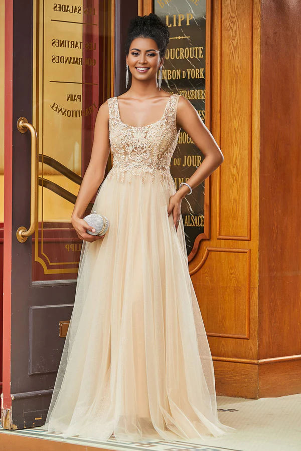 Aimishang Elegant Evening Dress Scoop Neck Applique A-Line Prom Dresses Tulle Long Dress