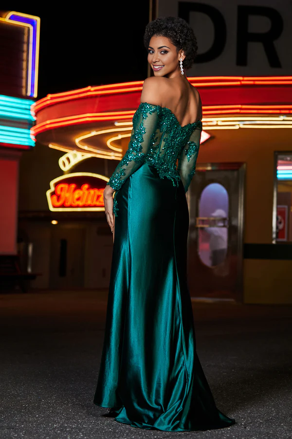 Aimishang Elegant Dark-Green Prom Dresses Beaded Bodice High Slit Stretch Satin Gown Evening Dress