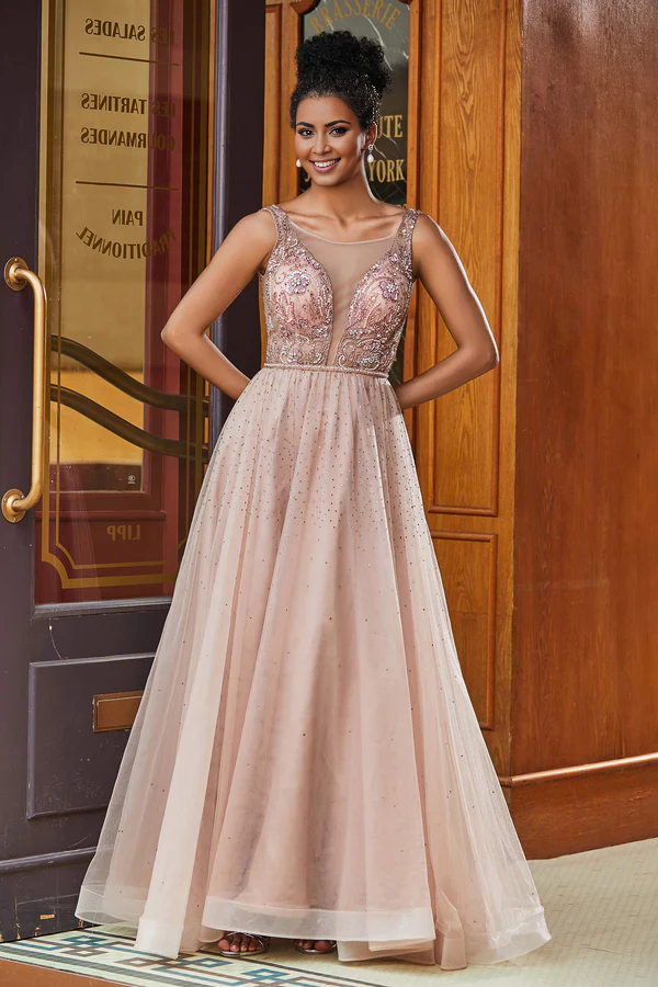 Aimishang Elegant Dusty-Rose Evening Dress Beaded Rhinestone A-Line Floor-Length Prom Dresses