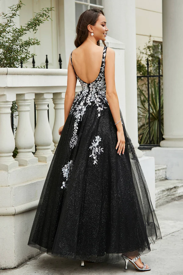 Aimishang Elegant Prom Dresses A-Line Plunging V-neck Evening Dress Tulle Gown