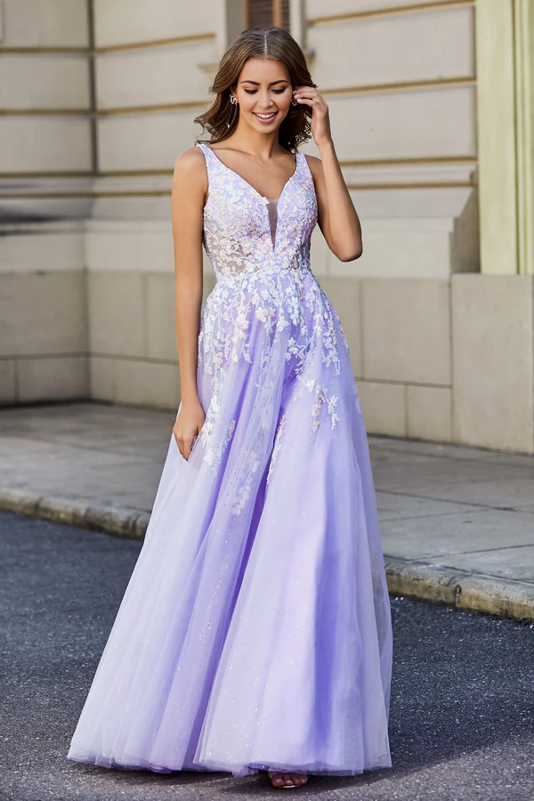 Aimishang Elegant Prom Dresses A-Line Plunging V-neck Evening Dress Tulle Gown