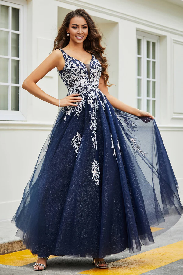 Aimishang Elegant Prom Dresses A-Line Plunging V-neck Evening Dress Tulle Gown