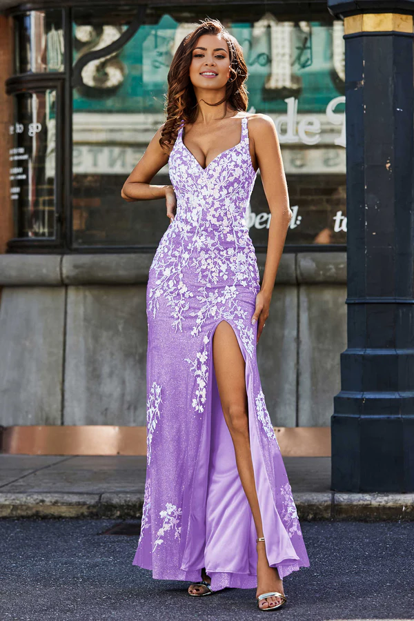 Aimishang Elegant Prom Dresses Lace Applique Evening Dress Tulle Dress with High Slit