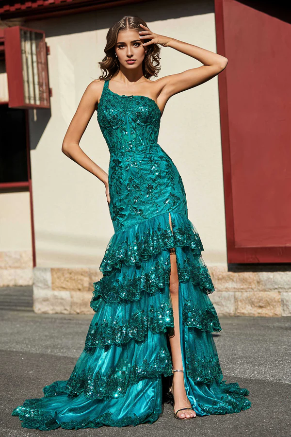 Aimishang Evening Dress Elegant High Slit Ruffle Tiered Skirt Tulle Dress Prom Dresses