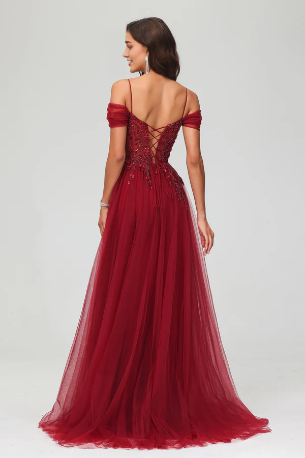 Aimishang A-Line Elegant Prom Dresses Off the Shoulder Beaded Tulle Dress Evening Dress With Train