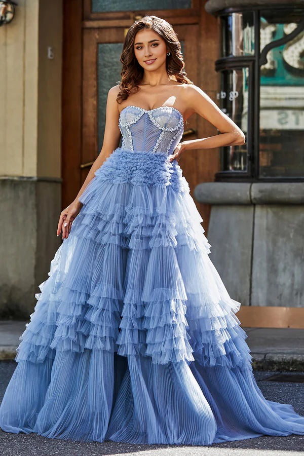 Aimishang Elegant Prom Dresses Strapless Corset Bodice Ruffle Tiered Tulle Dress Evening Dress