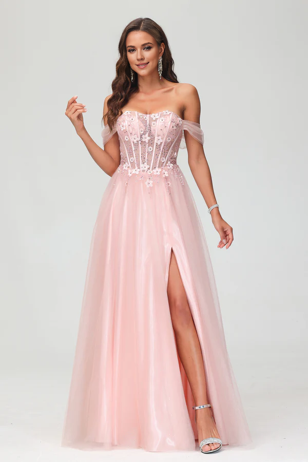 Aimishang Elegant Applique Tulle A-Line Evening Dress Floor-Length Princess Dress With Slit