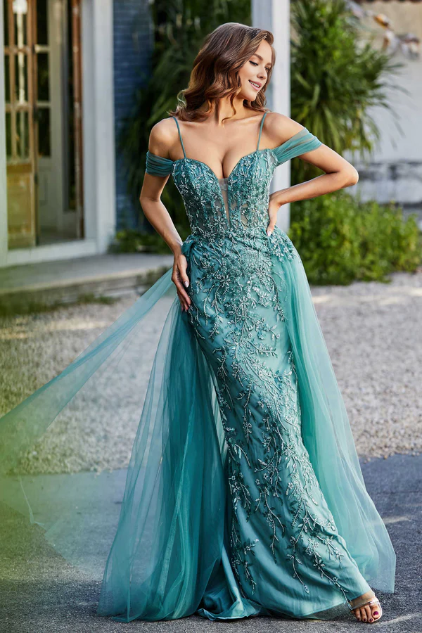 Aimishang Elegant Jade A-Line Prom Dresses Off Shoulder Sweep Train Tulle Dress Evening Dress
