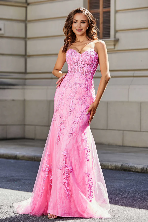 Aimishang Elegant Pink Evening Dress Lace Applique Corset Bodice Tulle Dress Prom Dresses