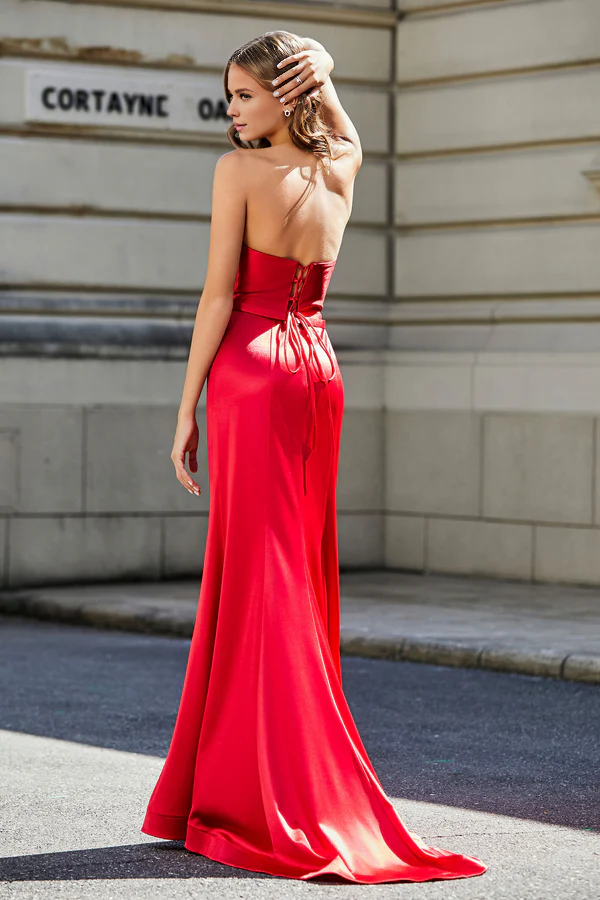 Aimishang Elegant Prom Dresses Strapless Lace Up Back Stretch Satin Gown Evening Dress