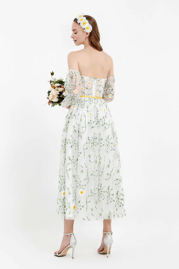 Aimishang Fashion Elegant Evening Dress Puffy Sleeves Prom Dresses Off Shoulder Floral Lace Dress