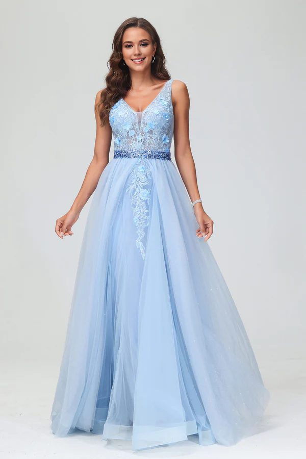 Aimishang Elegant Prom Dresses Sleeveless Deep V-neck A-Line Sweep Train Tulle Gown