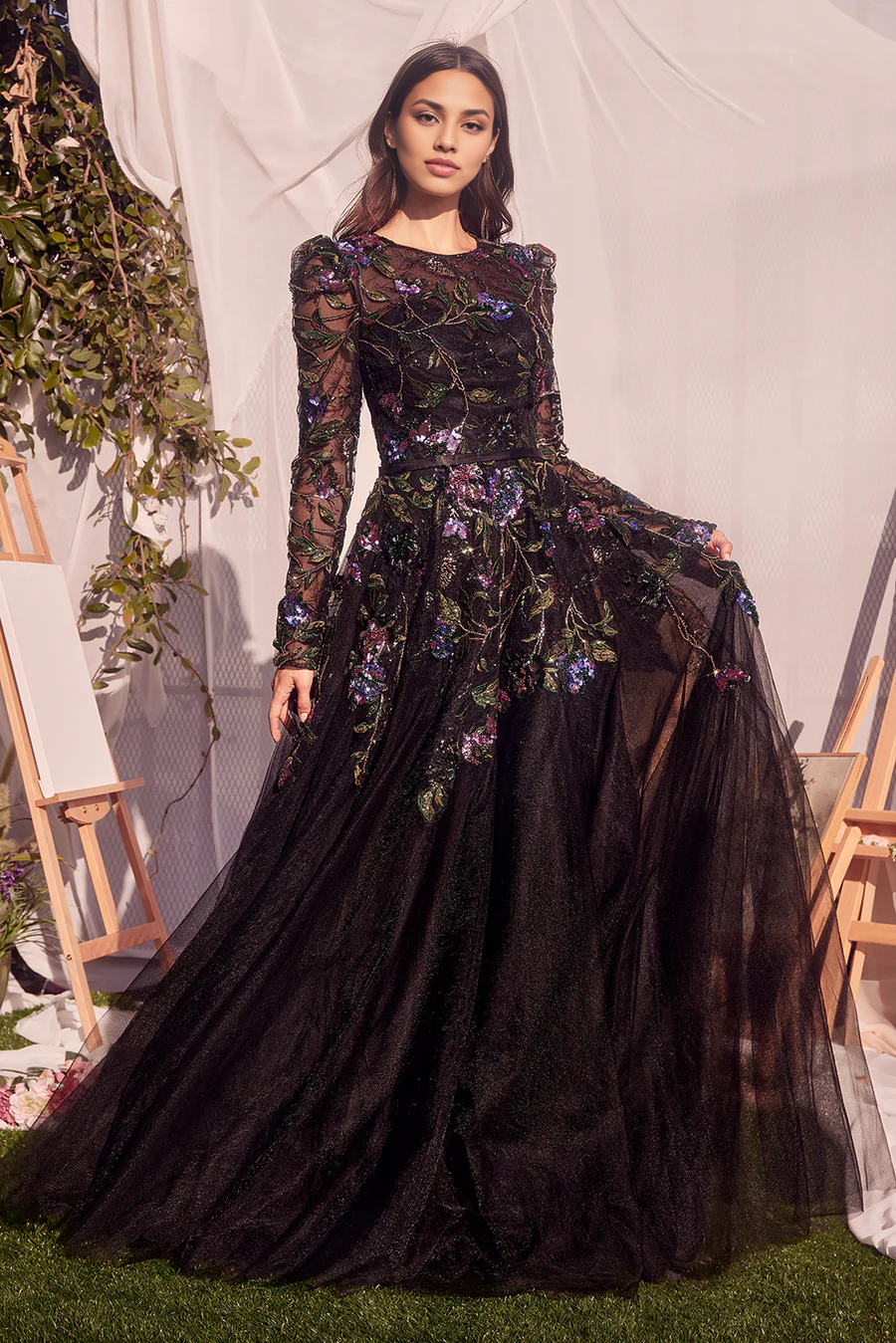 Aimishang Fashionable and Beautiful Black Evening Dress Stickers Long Sleeves Prom Dresses