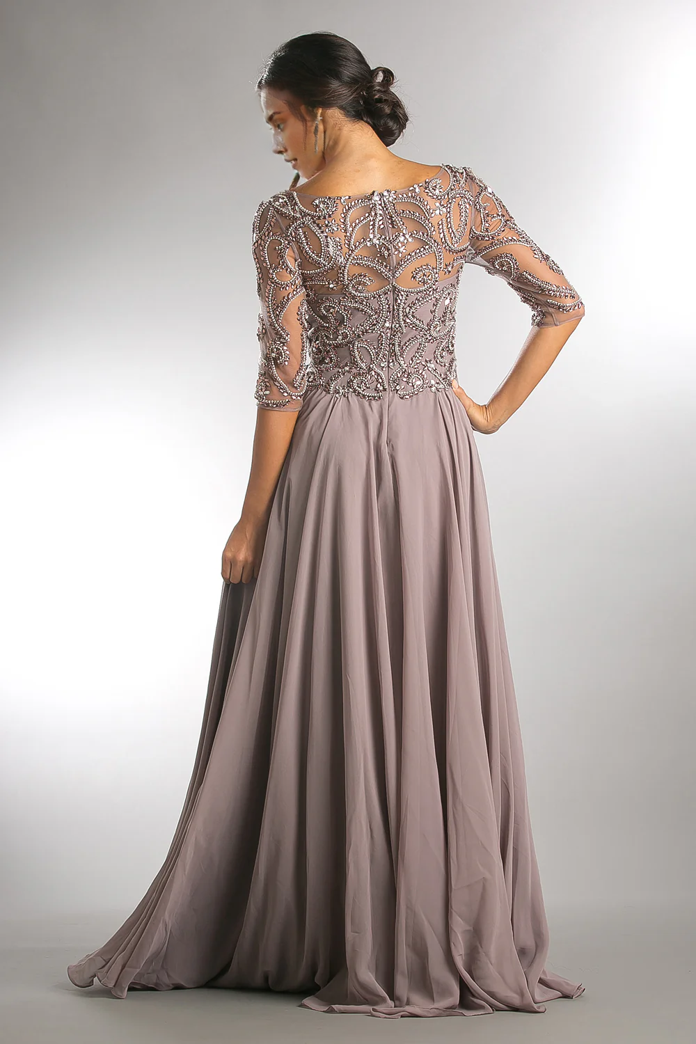 Aimishang Elegant Beaded 3/4 Sleeve V-Neck Chiffon Gown Evening Dress