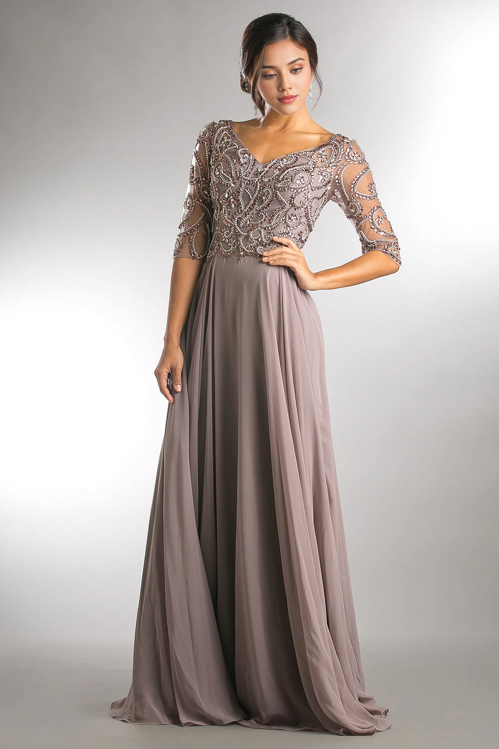 Aimishang Elegant Beaded 3/4 Sleeve V-Neck Chiffon Gown Evening Dress
