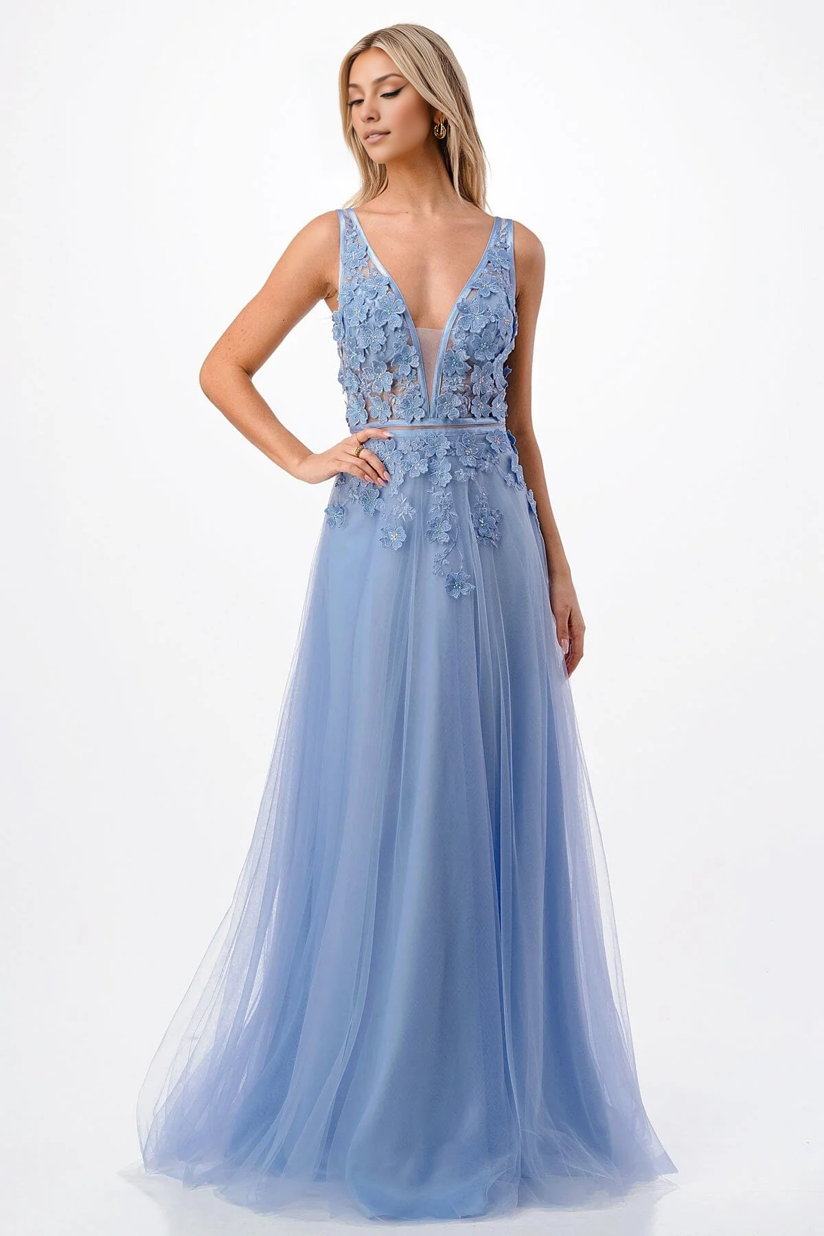 Aimishang Fashion Evening Dress 3D Floral Deep V-Neck Tulle Gown Prom Dresses