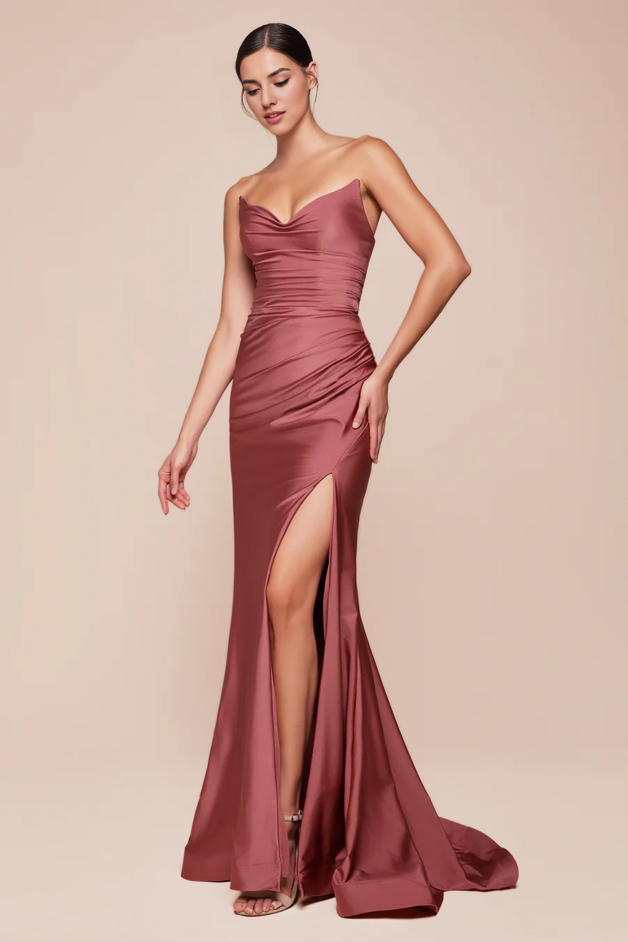 Aimishang Elegant Evening Dress Satin Fitted Strapless Slit Gown Prom Dresses