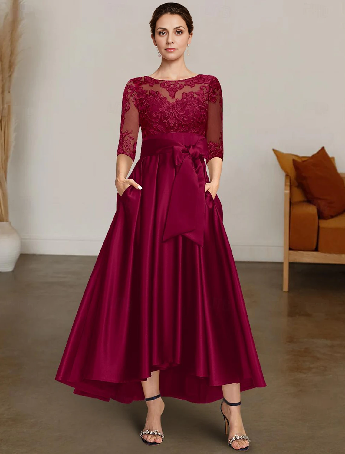 Aimishang A-Line Chrismas Dress Mother of the Bride Dress Formal Wedding Guest Elegant High Low Bateau Neck Asymmetrical Satin Lace 3/4 Length Sleeve with Lace Sash / Ribbon