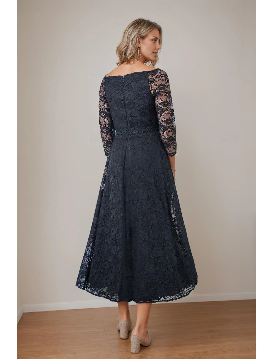 Aimishang A-Line Mother of the Bride Dress Elegant V Neck Tea Length Lace 3/4 Length Sleeve with Lace