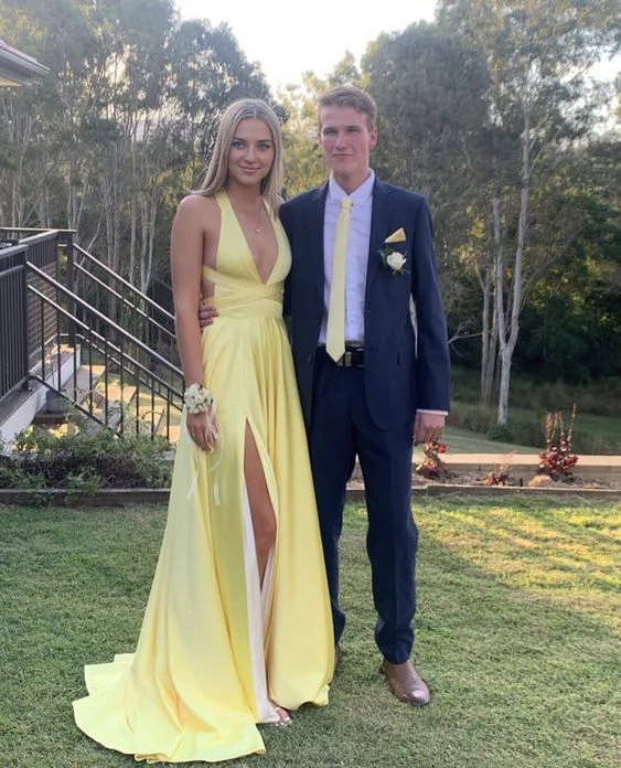 Aimishang Elegant Formal Women's Dresses Deep V Neck Yellow A Line Long Prom Dress With Slit