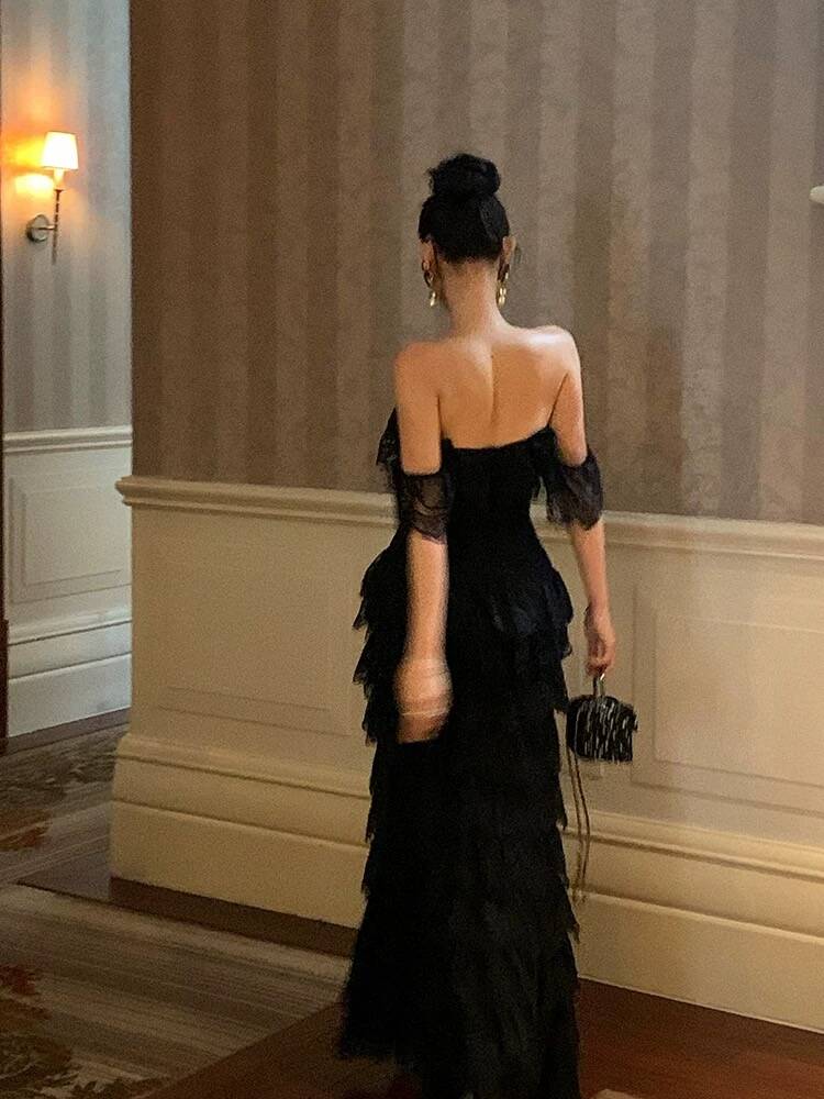 Aimishang Elegant Evening Gowns Off The Shoulder Black Lace Long Prom Dress Slit Evening Gown Stores With Prom Dresses