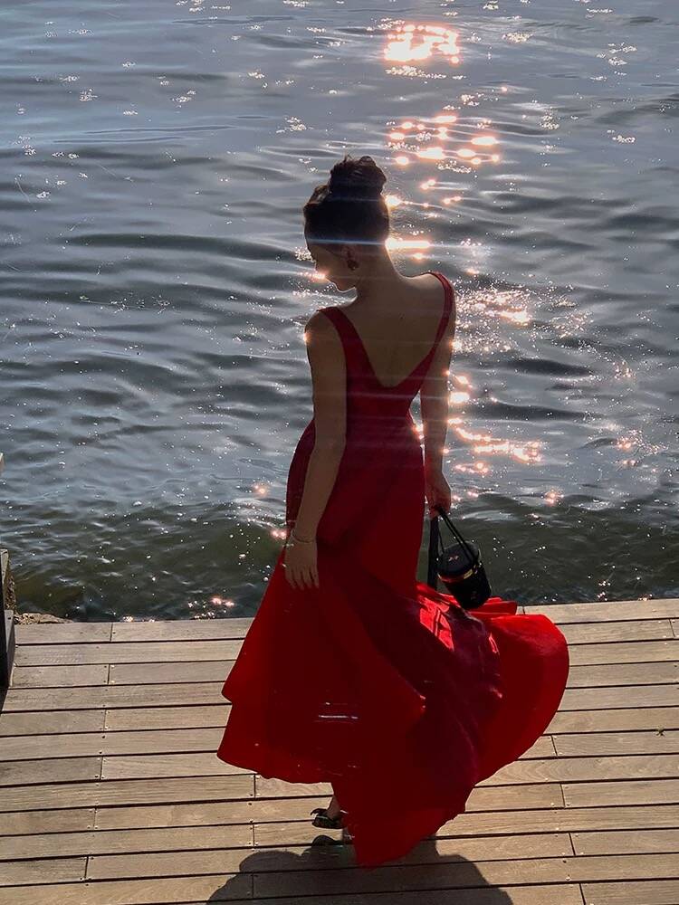 Aimishang Elegant Red Mermaid Ruffle Long Prom Dress Formal Evening Gown J4795