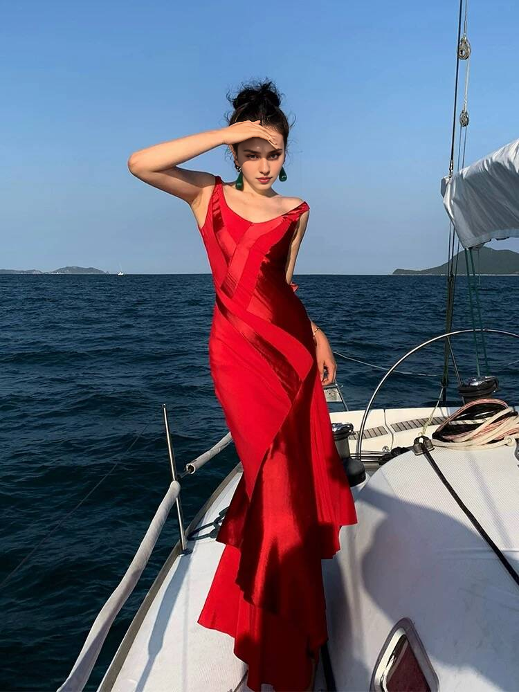 Aimishang Elegant Red Mermaid Ruffle Long Prom Dress Formal Evening Gown J4795