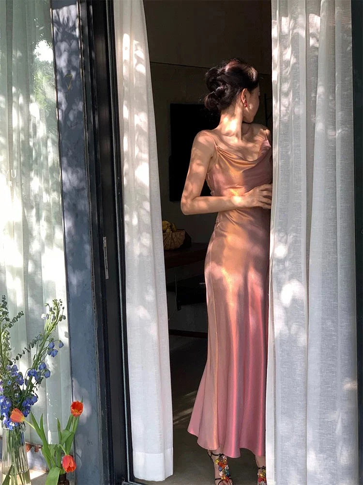 Aimishang Elegant Gowns Evening Dresses Spaghetti Straps Pink Sheath Long Prom Dress Formal Party Gown