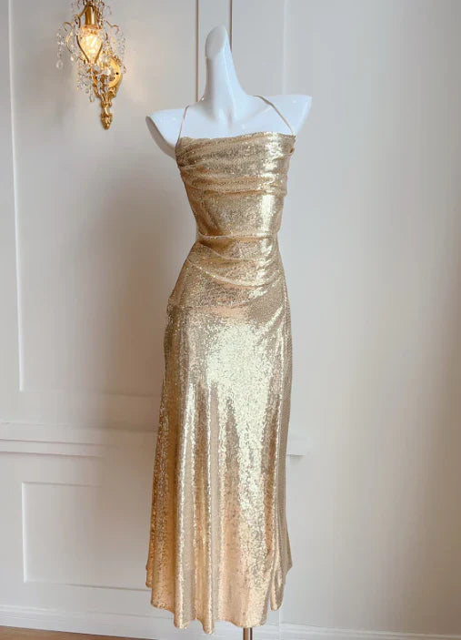 Aimishang Elegant Dresses Gowns Evening Dresses Spaghetti Straps Gold Sequin Long Prom Dress Evening Party Gown