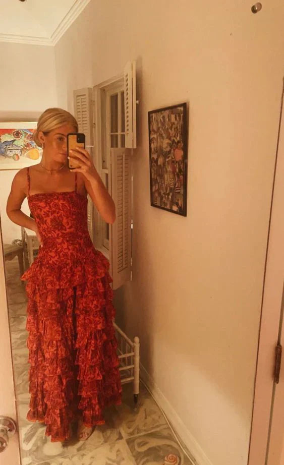 Aimishang Elegant Formal Women's Dresses Spaghetti Straps Red Lace Long Prom Dress Tiered Evening Dress