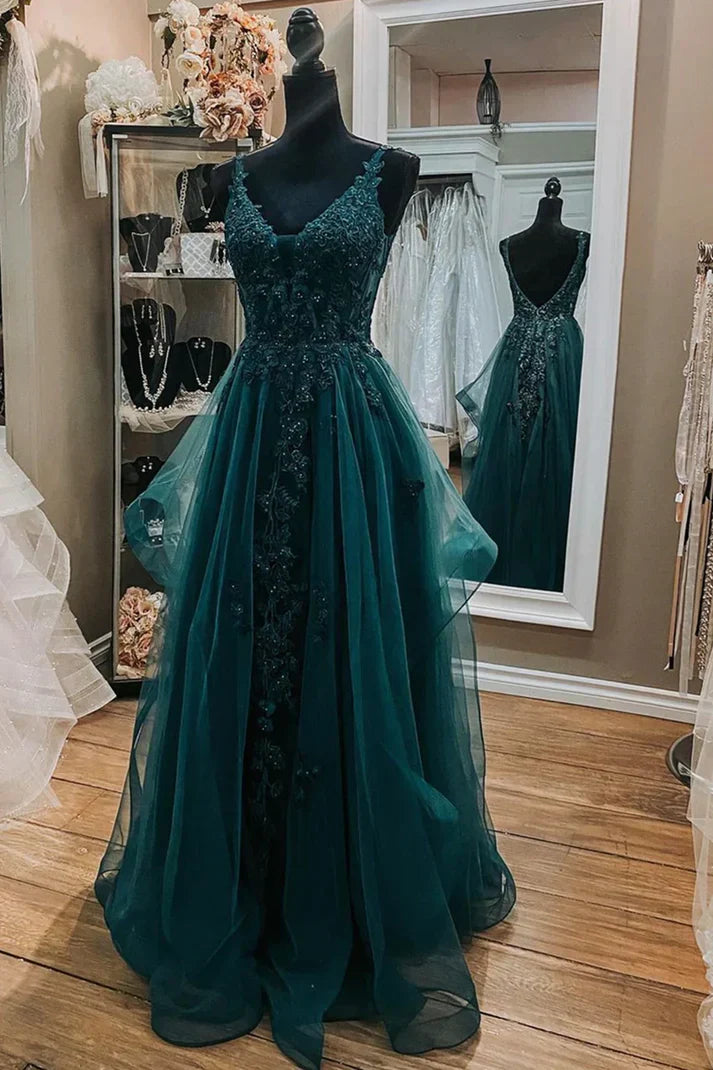 Aimishang Elegant Dresses Gowns Evening Dresses V Neck Dark Green Lace Long Prom Dresses A Line Tulle Evening Dresses