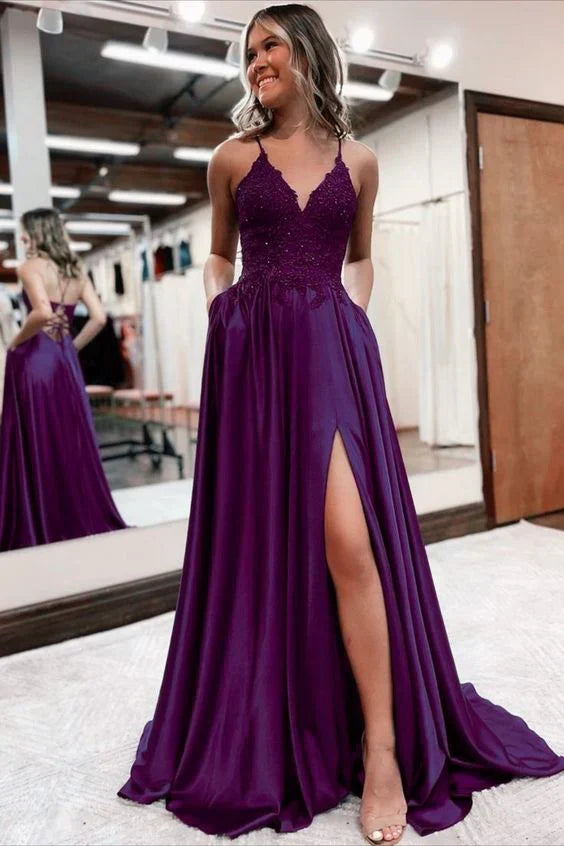 Aimishang Elegant Formal Women's Dresses A Line Satin Long Prom Dresses Appliques Split Formal Dress