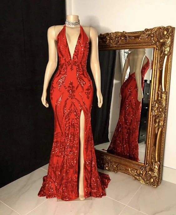 Aimishang Elegant Formal Women's Dresses Red Mermaid Long Prom Dress Slit Sequin Evening Dress