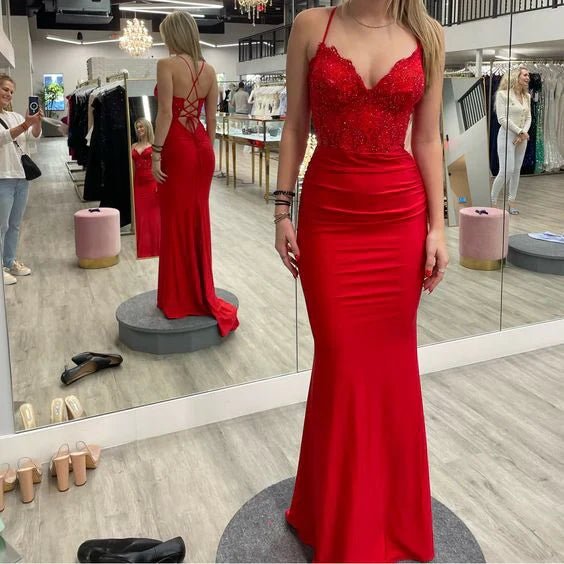 Aimishang Elegant Formal Women's Dresses Red V Neck Long Prom Dresses Mermaid Evening Gown