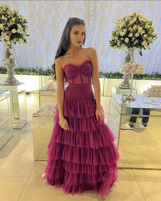Aimishang Elegant Strapless A Line Prom Dress Layered Evening Gown Formal Women's Dresses