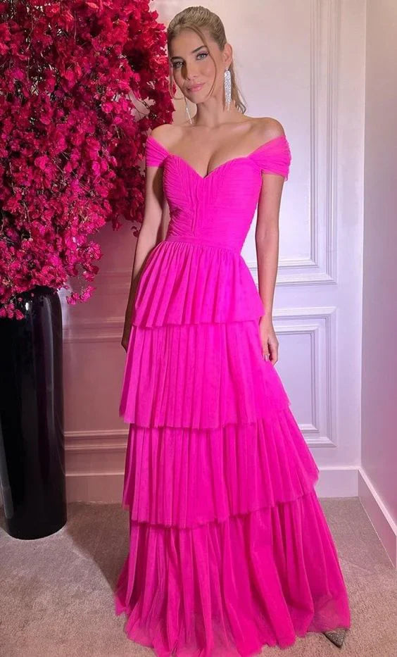 Aimishang Elegant Dresses Gowns Evening Dresses Hot Pink Off The Shoulder Prom Dresses Long Evening Gowns