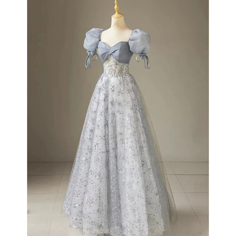 Aimishang Elegant Formal Women's Dresses Cute Floral Printed Long Prom Dress A Line Puff Sleeves Blue Party Gown