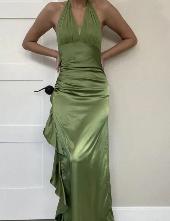 Aimishang Elegant Prom Dresses Halter Green Satin Long Prom Dress Ruffle Formal Party Gown